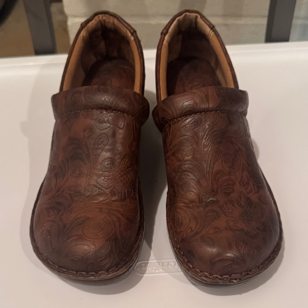 B.O.C. Brown Embossed Leather Clogs, worn a few times , good condition